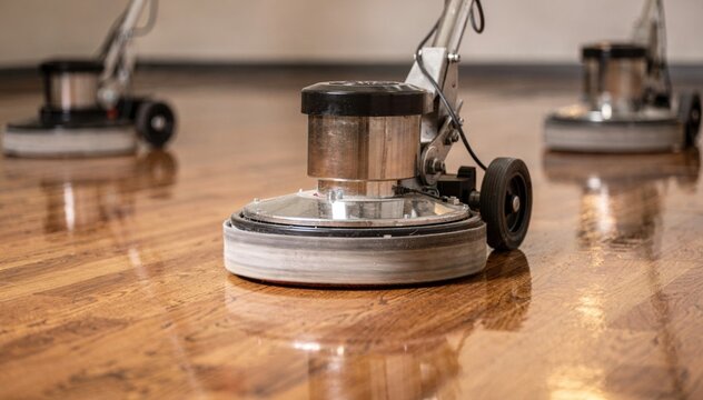Medium shot emphasizing a single floor buffer on a polished hardwood floor surface with other similar machines indistinct in the background.