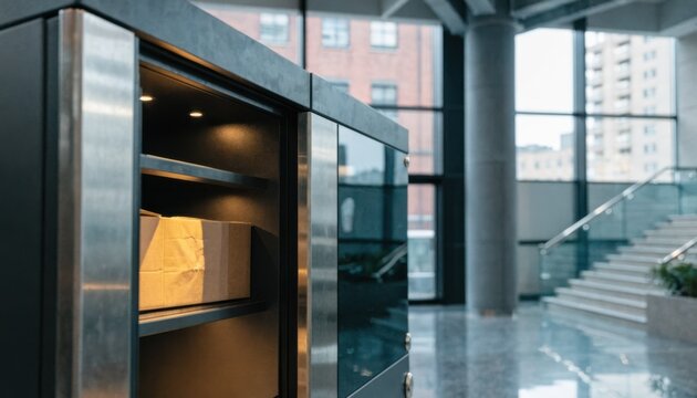 Smart locker system mounted in a modern lobby captured in medium shot device pickup slot open and main locker panel sharp lobby details softly blurred.