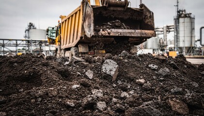 Fototapeta premium Mid shot of heavy machinery loading impacted soil onto dump truck focusing on soil texture while industrial facilities remain out of focus.