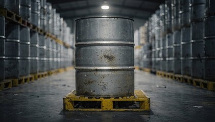 Fototapeta premium Industrial waste drums neatly aligned on spill pallets inside a dimly lit warehouse main drum sharply focused with blurred rows extending into the background.