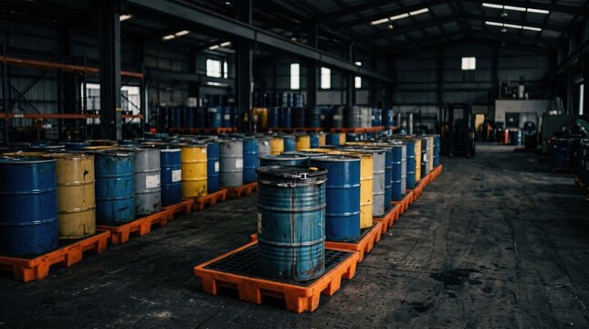 Industrial waste drums neatly aligned on spill pallets inside a dimly lit warehouse main drum sharply focused with blurred rows extending into the background.