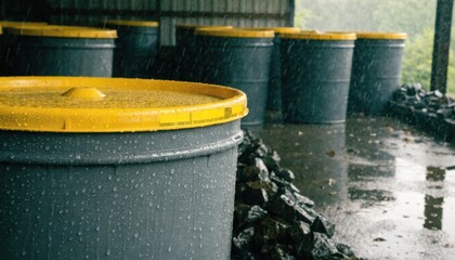 Naklejka premium Closeup of a labeled industrial waste drum in an opensided shed foreground drum detailed and background drums softly out of focus under natural light.