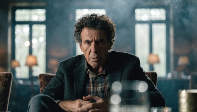 Remote interview setting with spokesperson in a rented conference space intense facial expression captured sharply while room details fade out of focus.