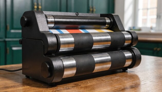 Heavyduty laminator processing a stack of documents with a sharp focus on the machine as the workspace fades into soft focus showcasing shortterm equipment rental.
