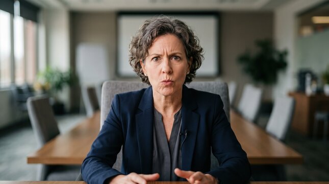 Remote interview setting with spokesperson in a rented conference space intense facial expression captured sharply while room details fade out of focus.