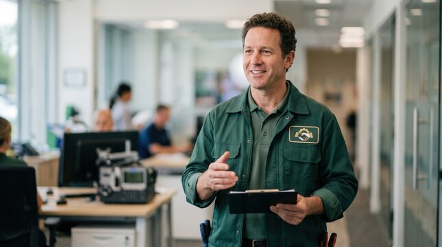 Medium shot of a service technician wearing a uniform with a clear logo the background slightly blurred representing the granting of franchise rights in service businesses.