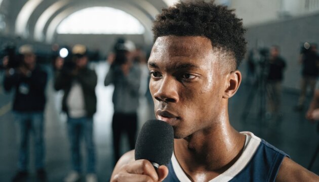 Closeup of focused athlete giving interview amid softly blurred arena hallway filled with media personnel and cameras.