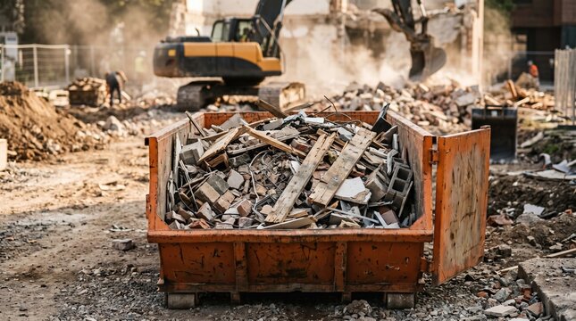 Construction rolloff container prominently holding debris from a teardown sharp focus on the mixed waste with dust and machinery blurred in the surroundings.