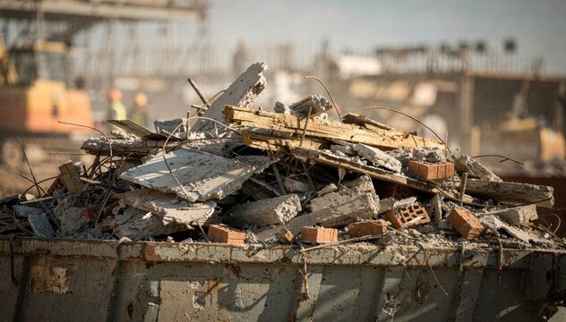 Construction rolloff container prominently holding debris from a teardown sharp focus on the mixed waste with dust and machinery blurred in the surroundings.