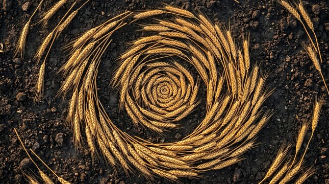 Wheat stalks arranged in a spiral pattern on dark soil during the afternoon