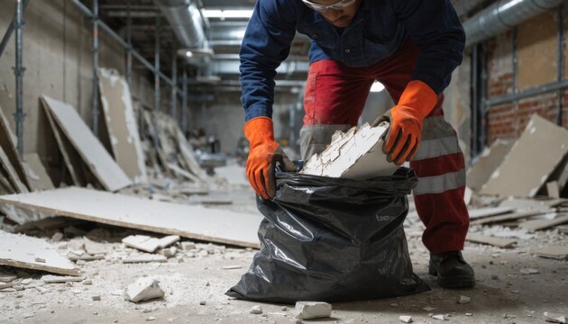 Interior remodel debris cleanup with worker handling broken drywall closeup layered focus blurring surrounding renovation chaos to accentuate task.