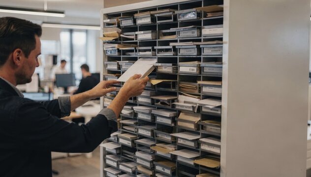 Focused medium shot of staff placing documents into labeled mail slots on a centralized rack while the busy room beyond appears blurred.