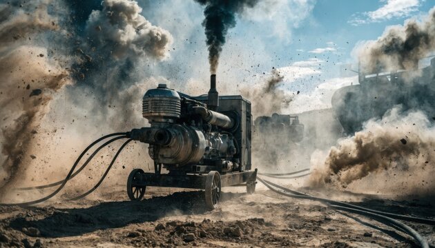 Dusty construction zone highlighted by a towing diesel generator in crisp focus power cables trailing into blurred haze from swirling dust clouds.