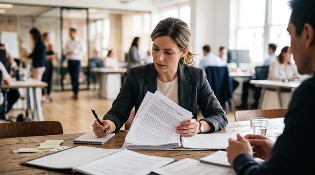 Buyer reviewing contract drafts in a medium shot with blurred background negotiating added value elements for digital advertising inventory.