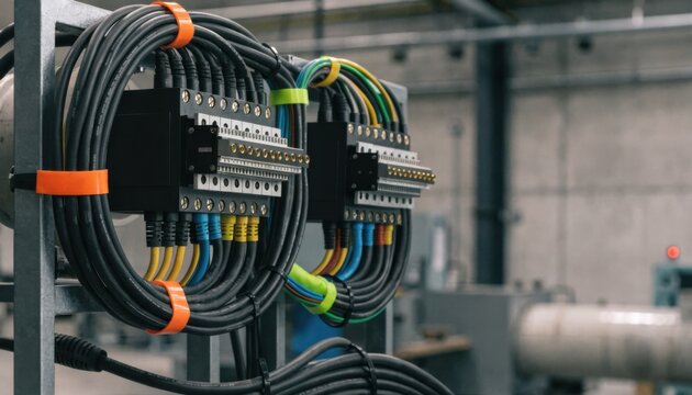 Focused view on temporary switchboard connections with bright cable covers emphasizing organized wiring and blurred workshop environment.