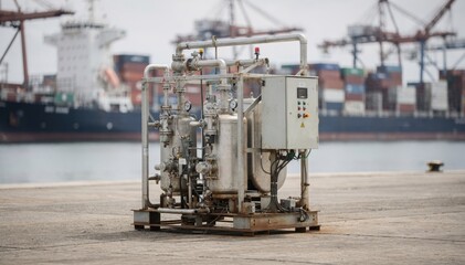 Fototapeta premium Skidmounted groundwater treatment unit focused in medium frame at a busy port location with ships and containers softly out of focus behind the system.