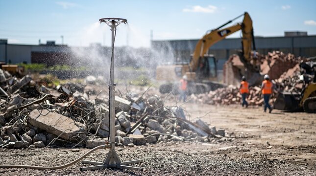 Clear view of misting tower operating near demolished structures mist particles sparkling under strong light while site activity remains out of focus.