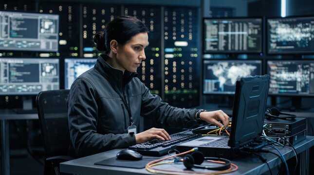 Medium shot showing a cybersecurity specialist accessing encrypted digital credit report archives with outoffocus monitors enhancing data protection theme.