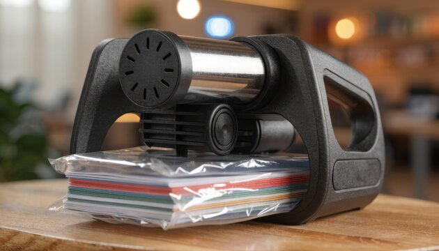 Focused thermal binding machine sealing a professional portfolio contrasted by a blurred setting that conveys convenience of temporary document finishing tools.