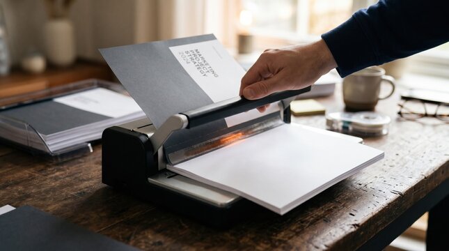 Focused thermal binding machine sealing a professional portfolio contrasted by a blurred setting that conveys convenience of temporary document finishing tools.
