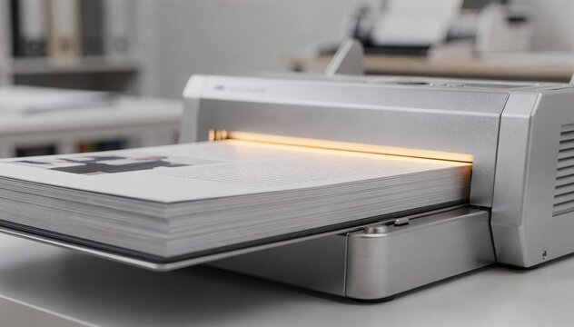 Focused thermal binding machine sealing a professional portfolio contrasted by a blurred setting that conveys convenience of temporary document finishing tools.