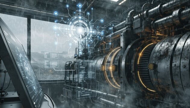 Medium shot of an AI system interpreting generator sensor outputs on a screen scheduling preventive maintenance to increase operational reliability.