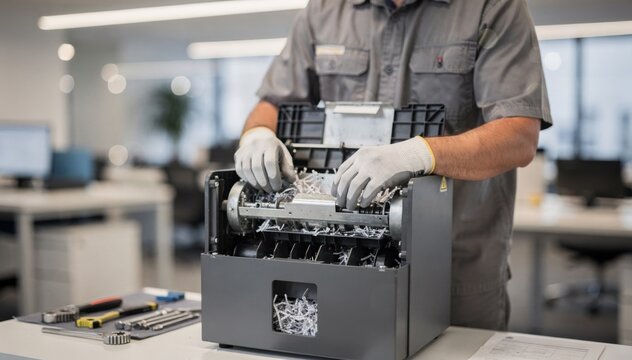 Medium shot capturing a technician servicing an office shredder with the rental machine in crisp detail and the workspace gently blurred.