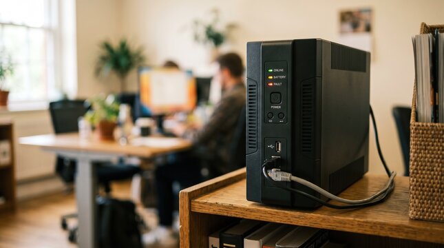 Tower UPS unit in sharp focus on a workspace shelf featuring status indicators and ports office background deliberately softened.
