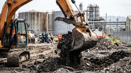 Fototapeta premium Industrial lot with excavator scooping hazardous contaminated soil sharp focus on bucket and earth blurred background of storage tanks.