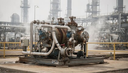 Fototapeta premium Skidmounted steam boiler unit in focus on refinery site detailed hoses and valves visible with the expansive industrial setup fading into the background.