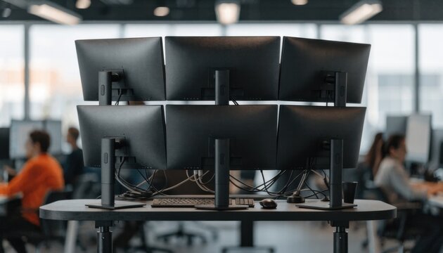Medium shot of a sleek sitstand trading desk with multiple highresolution curved monitors and a tangle of organized cables beneath softly blurred background of a busy corporate