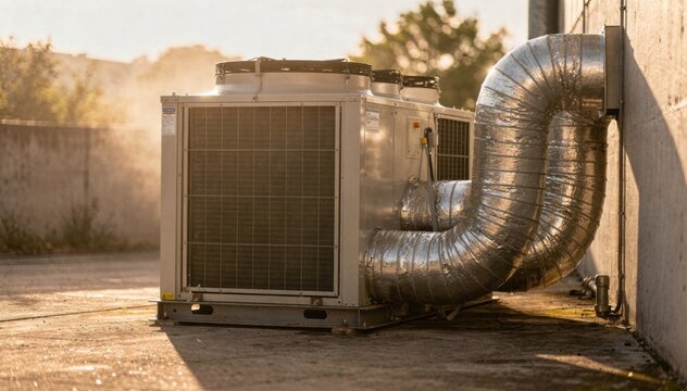 Medium shot of a temporary chiller unit delivering cool air through building ductwork main equipment sharply in focus with blurred background indicating a warm summer environment