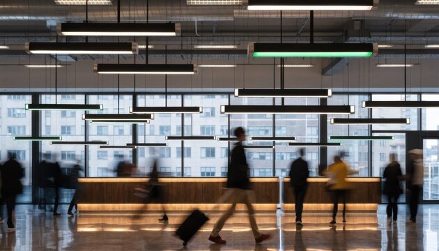 Ceilinghung directional signs in focus displaying bank office navigation suspended over a bustling reception area blurred in the background.