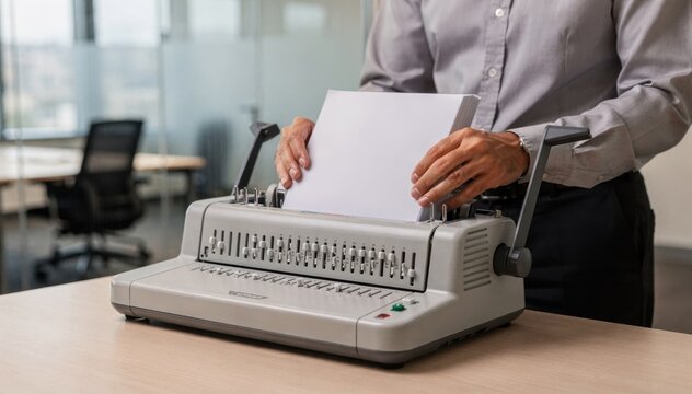 A medium shot of an operator inserting sheets into a comb binder centered in crisp detail with the outoffocus room illustrating flexible rental use.