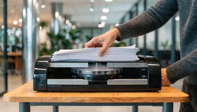 A medium shot of an operator inserting sheets into a comb binder centered in crisp detail with the outoffocus room illustrating flexible rental use.