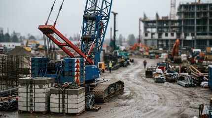 Naklejka premium Overcast weather sets a moody tone as mobile cranes and counterweights are neatly staged the main crane in crisp detail with blurred construction site behind.