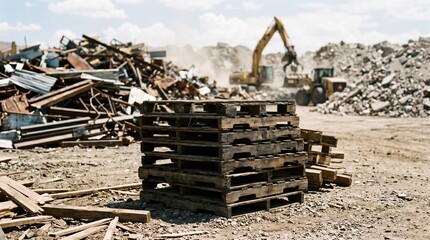 Fototapeta premium Construction debris sorting facility under dry sunlight medium shot focuses on stacked wood pallets with blurred piles of metal sheets and crushed concrete in background.