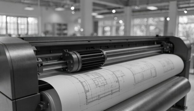Medium shot of a monochrome largeformat plotter producing clear architectural plans the print head and paper feed crisply detailed with a defocused room interior.