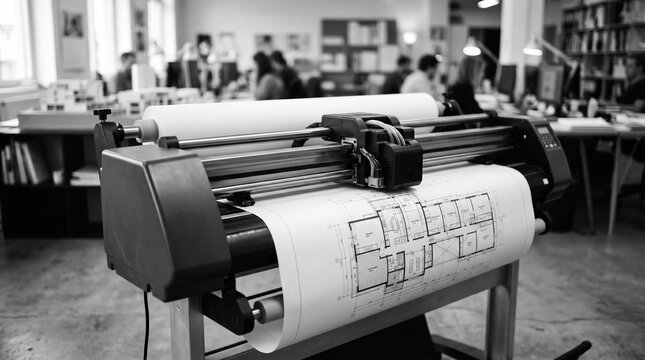 Medium shot of a monochrome largeformat plotter producing clear architectural plans the print head and paper feed crisply detailed with a defocused room interior.