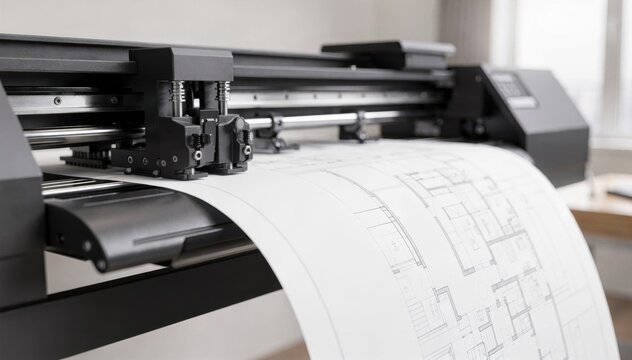 Medium shot of a monochrome largeformat plotter producing clear architectural plans the print head and paper feed crisply detailed with a defocused room interior.