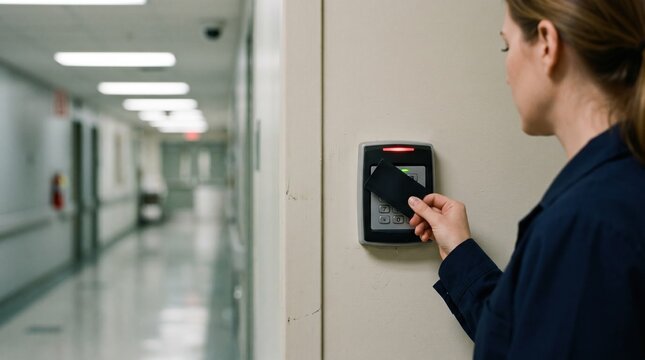 Medium shot focusing on a keypad and card reader combination being used by an employee background corridor softly out of focus to show controlled access areas.