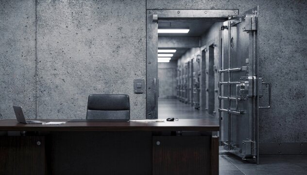 Medium shot of a compliance office with a reinforced concrete wall and thick steel door the main desk in focus and blurred secure vault corridor beyond.
