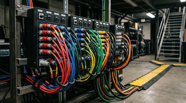 Medium shot of modular power distribution panels with vibrant colorcoded cables main panel in sharp focus and blurred background showing cable ramps.