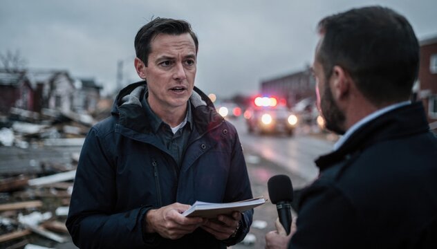 Journalist interviewing eyewitness near stormdamaged area focus on reporters face and notes hazy sky and emergency vehicles out of focus.