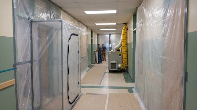 Medium perspective inside a school hallway with containment poly sheeting and airlock entry points negative air pressure equipment actively running in the background.