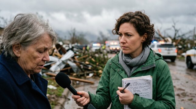 Journalist interviewing eyewitness near stormdamaged area focus on reporters face and notes hazy sky and emergency vehicles out of focus.