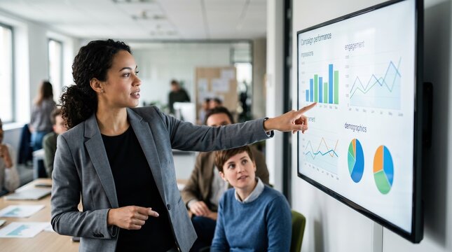 Medium shot of a project manager explaining campaign performance metrics displayed on a widescreen monitor the screen content clearly focused with other participants softly