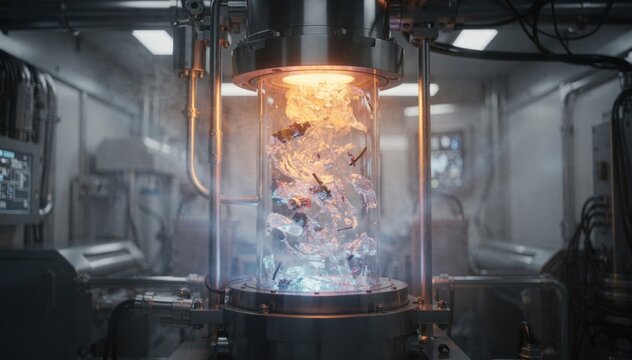 Medium shot highlighting glowing chemical reactor chamber converting plastic waste surrounded by indistinct modular unit components in soft focus.