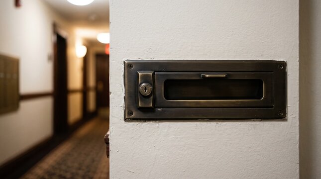 Medium shot of a locking mail slot with a focused closeup on the slot while the surrounding wall and corridor remain blurred in the background.