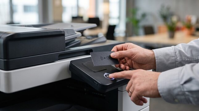 Focused view of user authentication on a secureprint enabled IoT copier with the office workspace subtly blurred to accentuate privacy features.